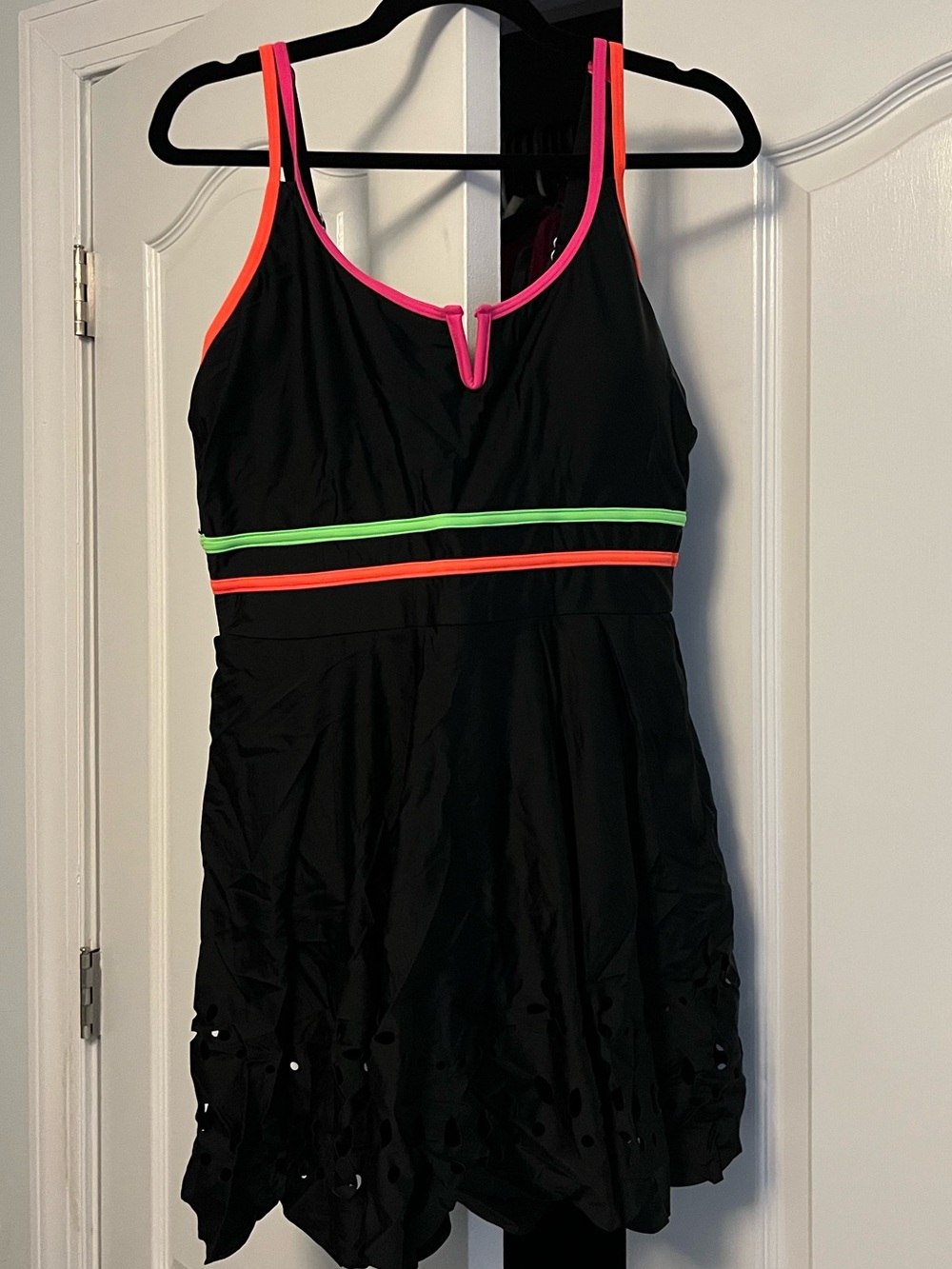 Black One-Piece Swim Dress with Neon Pink, Neon Orange & Neon Green Trim